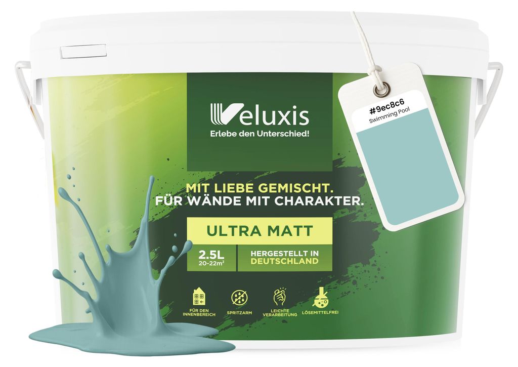Wandfarbe Türkis Blau Mintgrün Matt Innenfarbe – Deckkraft Klasse 1, VOC-frei, Ohne Grundierung, Tropfarm – Wohnzimmer & Schlafzimmer – 2,5...