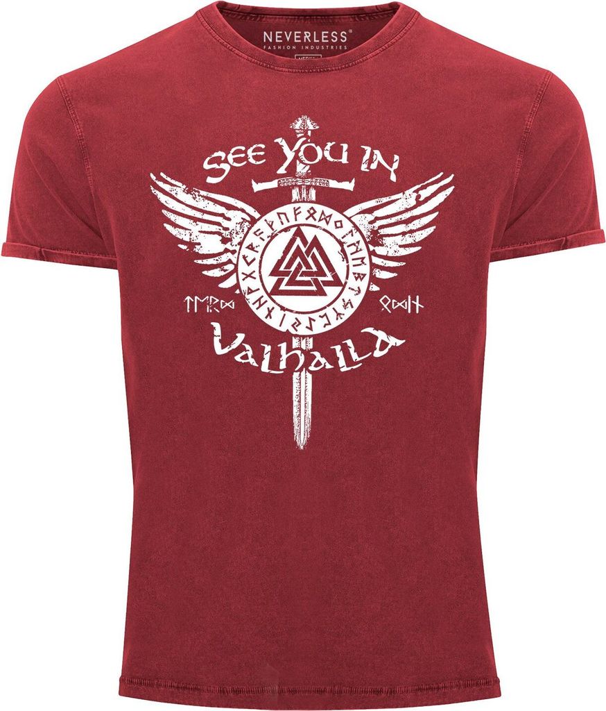Herren Vintage Shirt See you in Valhalla Schwert Runen Odin Vikings Printshirt T-Shirt Aufdruck Neverless rot XXL