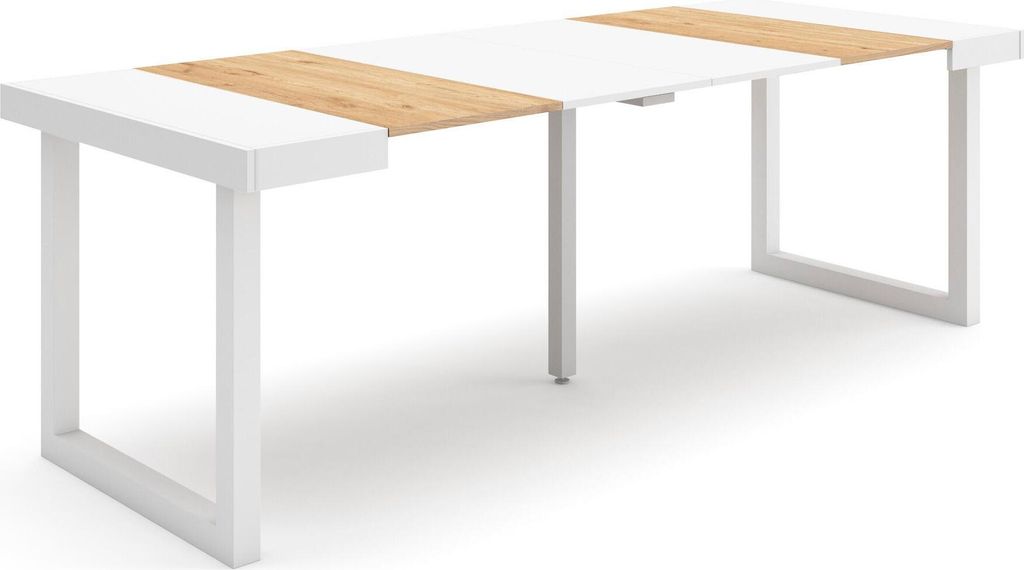 Ausziehbarertisch, 222x90x73cm, Für 10 Gäste, Massivholz Beine, Eiche und weiß
