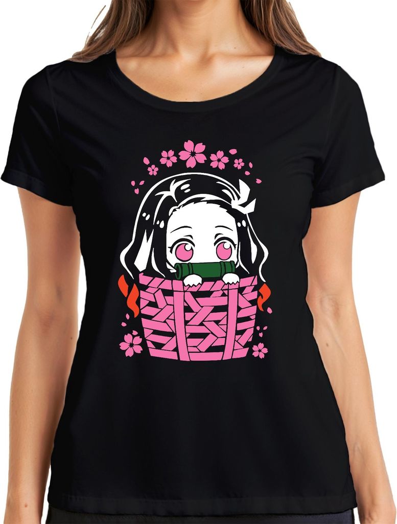 Nezuko Kimetsu No Yaiba Anime Kawaii Bambus Korb Sakura Geschenk Damen T-Shirt, Schwarz, S