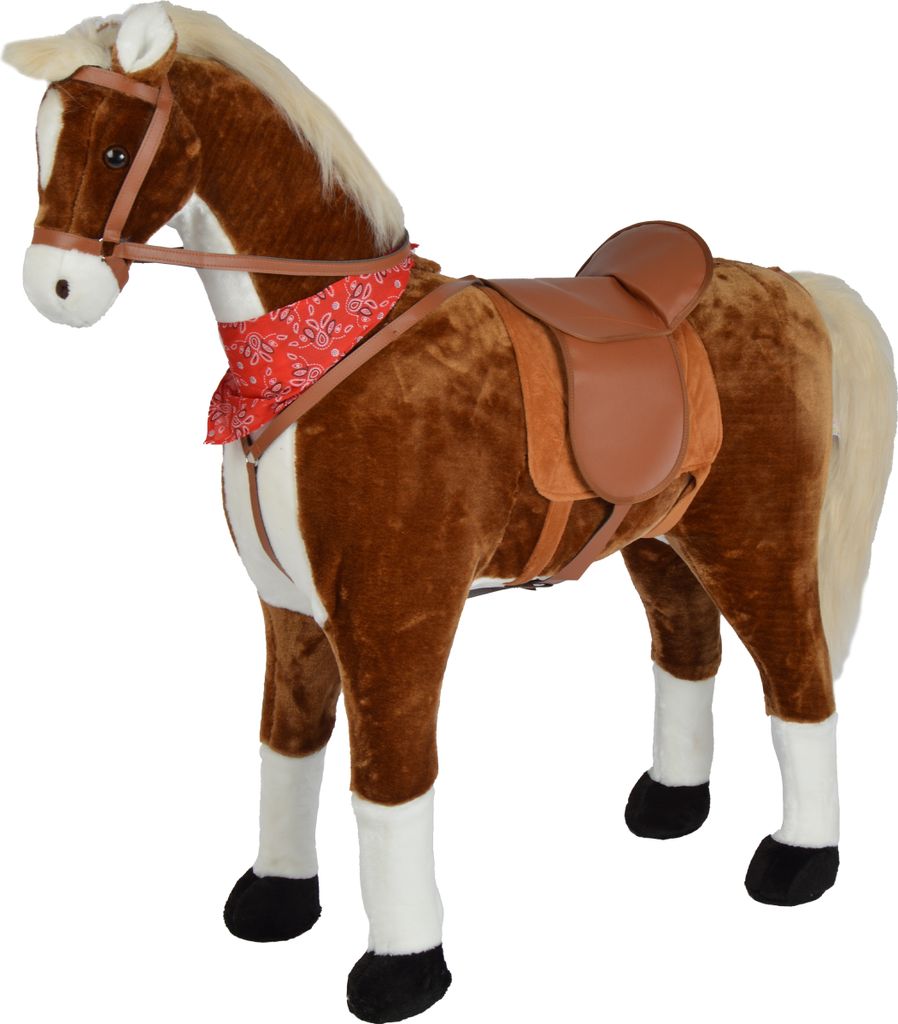 A plush toy horse with a saddle and bandana.