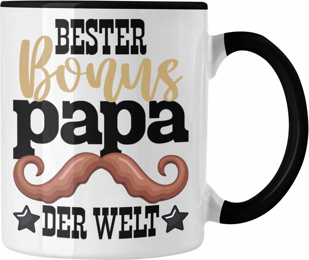 Trendation - Bester Bonus Papa Der Welt Tasse Stiefvater Geschenk Stiefvater Vatertag Lustiger Spruch (Schwarz)