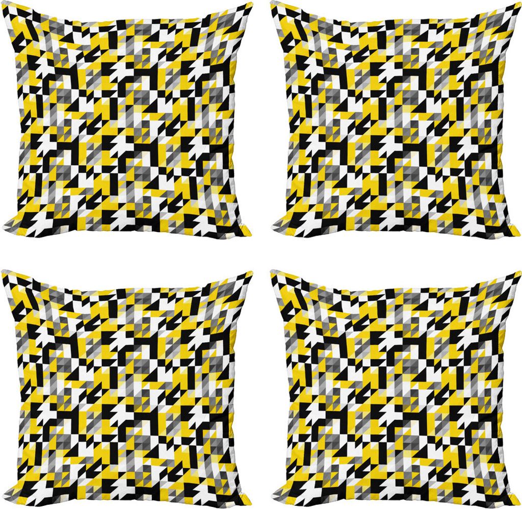 ABAKUHAUS Gelb und Weiß Kissenbezug Set (4 Stück), Quadrate und Houndstooh, Moderner Doppelseitiger Digitaldruck, 45 cm x 45 cm, Gelb Grau Schwarz