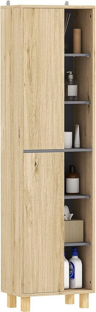Colonne de rangement salle de bains en bois 148 cm à 6 niches ouvertes