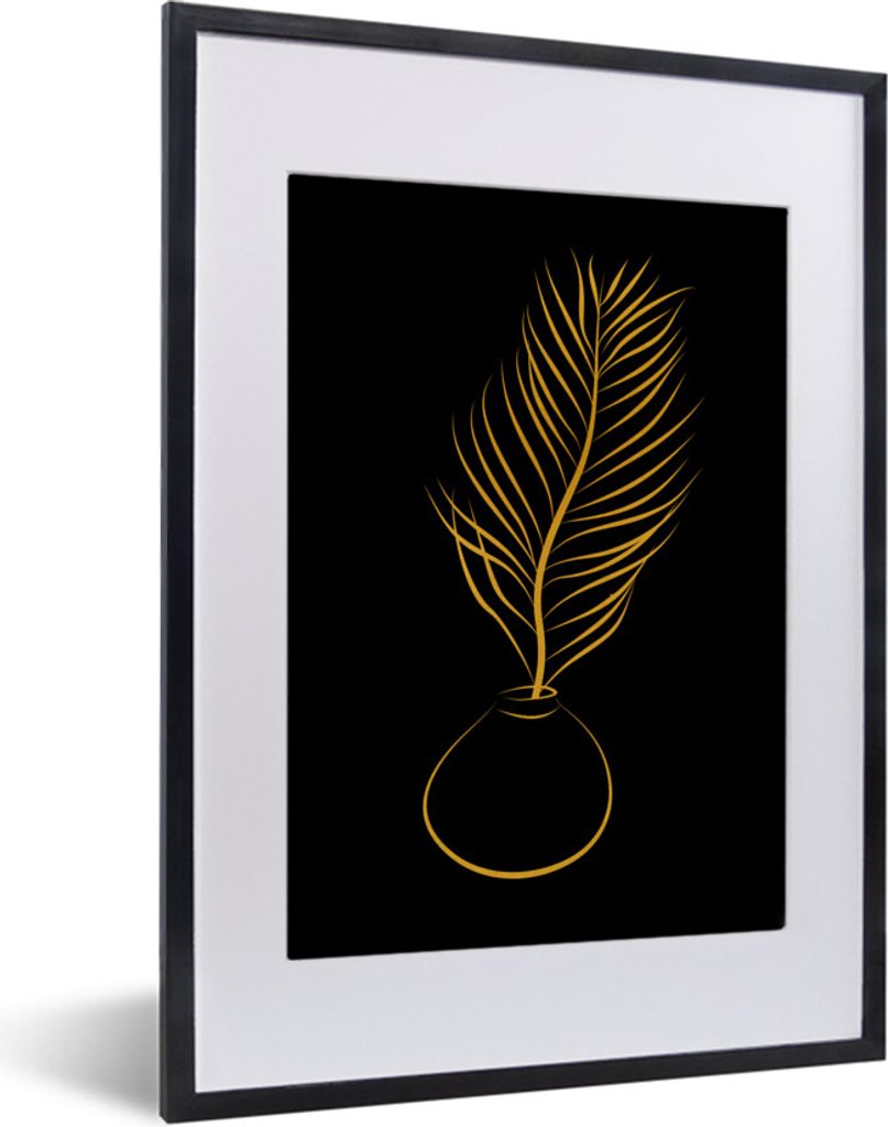 MuchoWow Gerahmtes Poster Topf - Pflanze - Linienkunst - Gold 30x40 cm - Poster mit Schwarzem Bilderrahmen Wandposter Rahmen Foto Bilder - Wandpo...