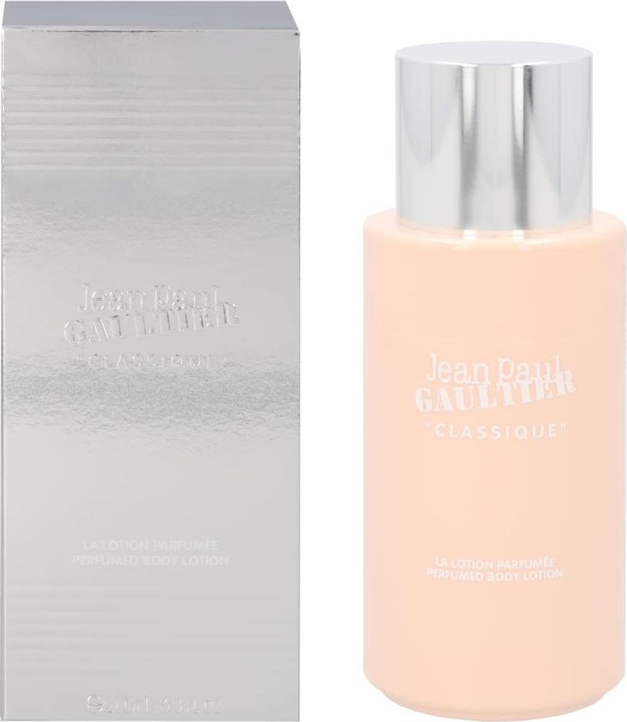 A product shot of a Jean Paul Gaultier Classique Body Lotion and its packaging.