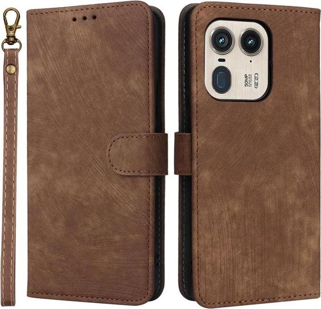 Hülle für Motorola Edge 50 Ultra - Phonesta Vintage Skin Book Wallet Klapphülle mit abnehmbarer Kordel - Braun