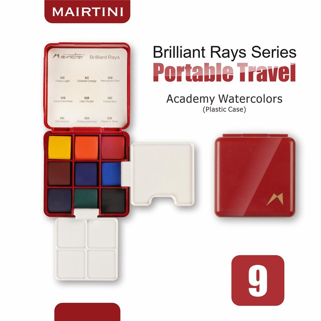 Mairtini Mini Academy Aquarellfarben Set - 9 intensive Farben im stylischen weinrot Reiseetui – Ideal für unterwegs & kreative Momente
