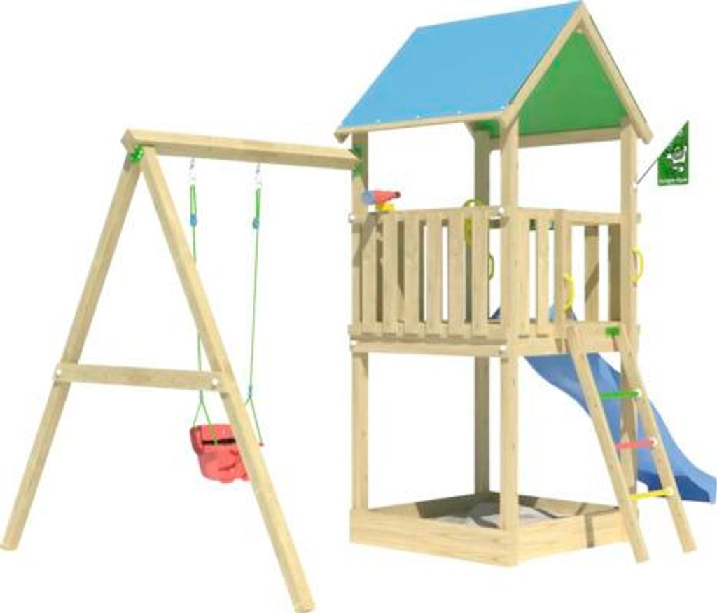 Einzelschaukel Spielhaus mit Stelzen Jungle Gym 444 x 267 cm Holz bestehend aus Fahne, Fernrohr, Grundturm, Handgriff, K