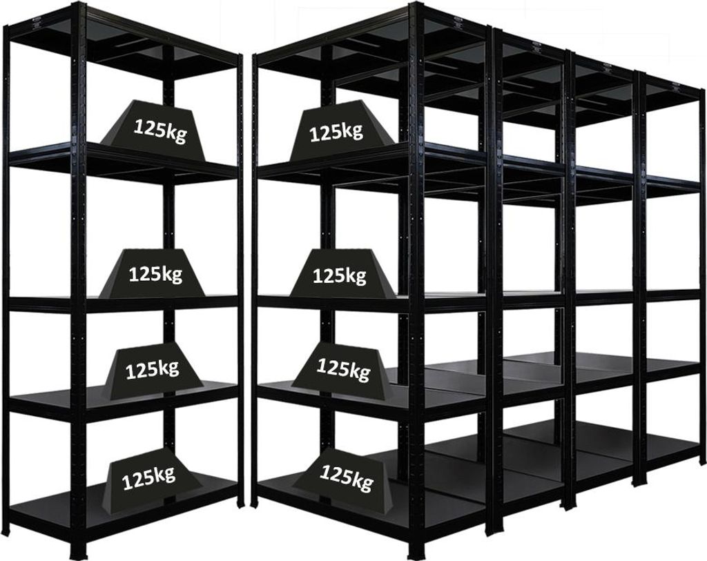Mega Deal | 5x Schwerlastregal Ragnar | HxBxT 180x90x40cm | 5 Stahlplatten-Ebenen | Fachlast 125 kg | Schwarz
