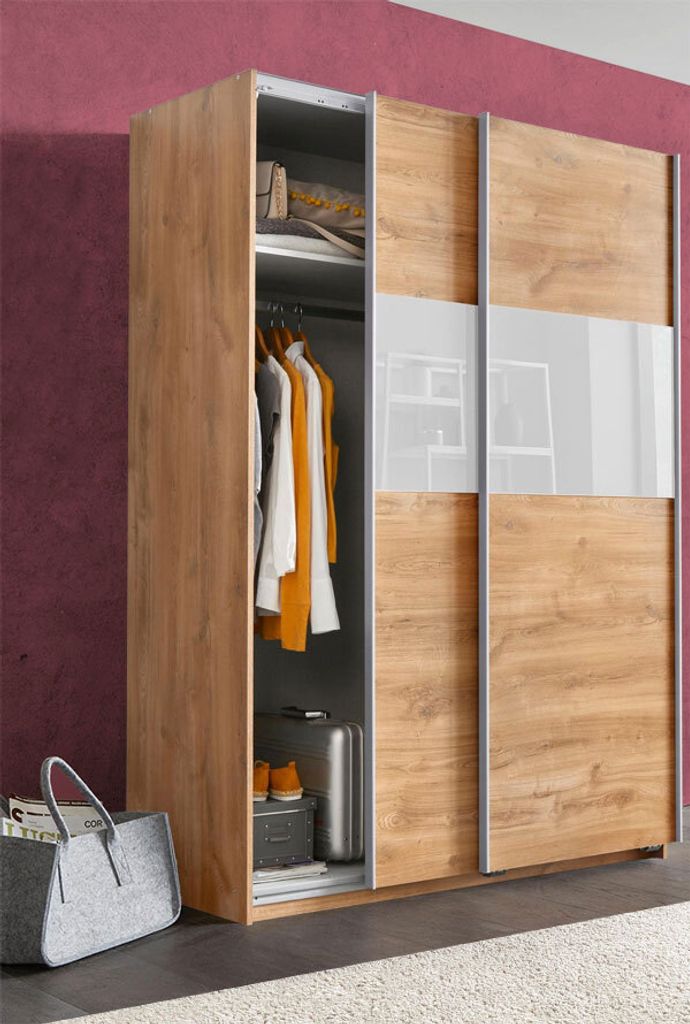 Schwebetürenschrank Kleiderschrank Bramfeld plankeneiche / weißglas 135cm