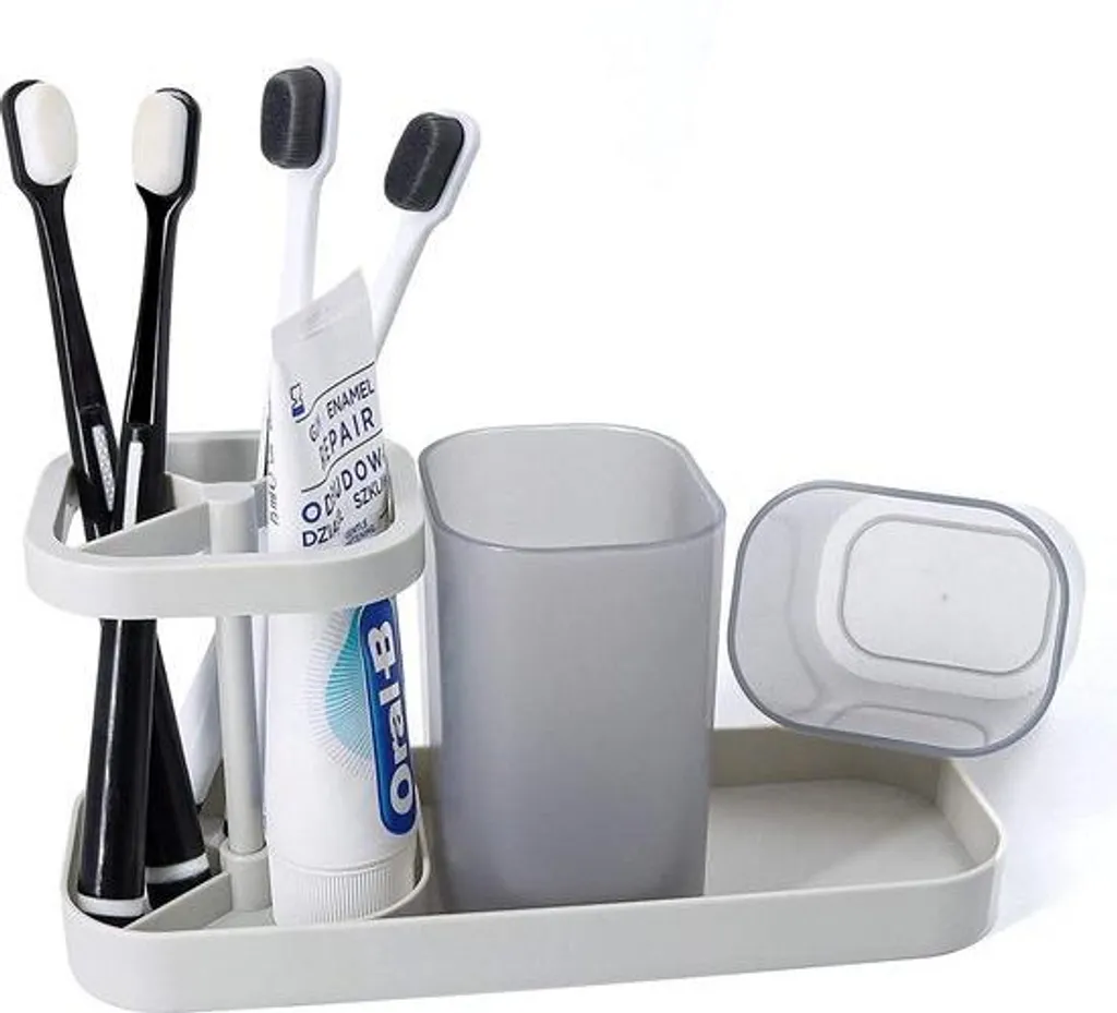 Porte-brosse à dents multifonction gris avec supports têtes intégrés