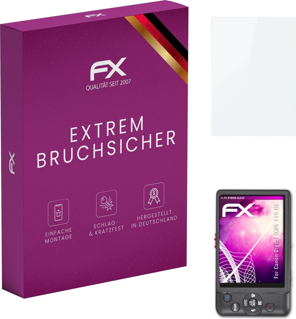 atFoliX FX-Hybrid-Glass Displayfolie kompatibel mit Canon Digital IXUS 115 HS Glasfolie
