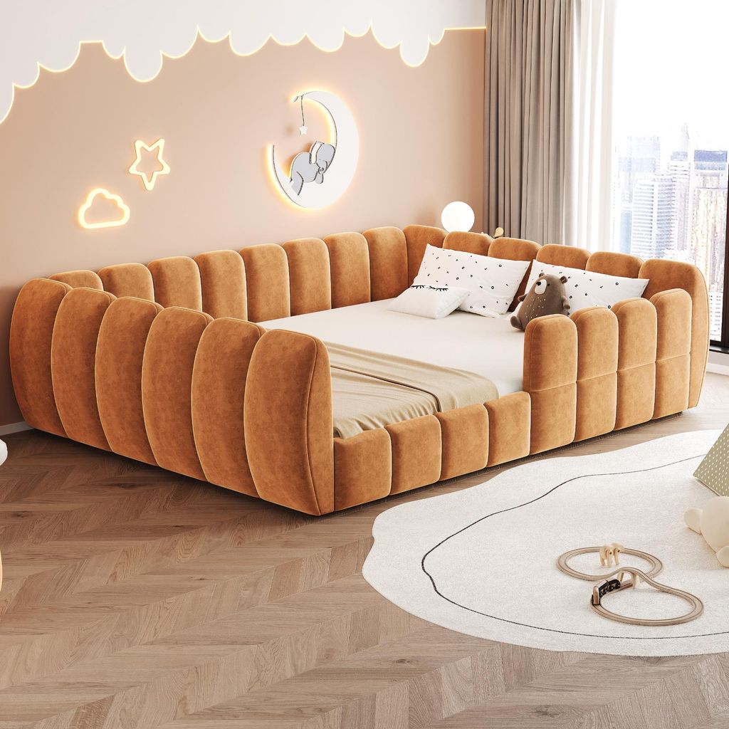 Flieks Kinderbett 140x200cm mit Rausfallschutz, Polsterbett Doppelbett mit Lattenrost, Tagesbett Jugendbett für Kinder- und Jugendzimmer, Samt, Or...