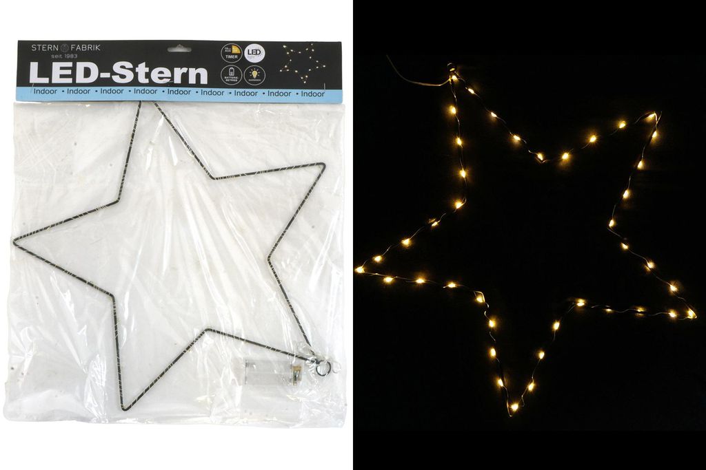 A product image split into two halves. The left half shows the product in its packaging, and the right half shows the product lit up against a black background.