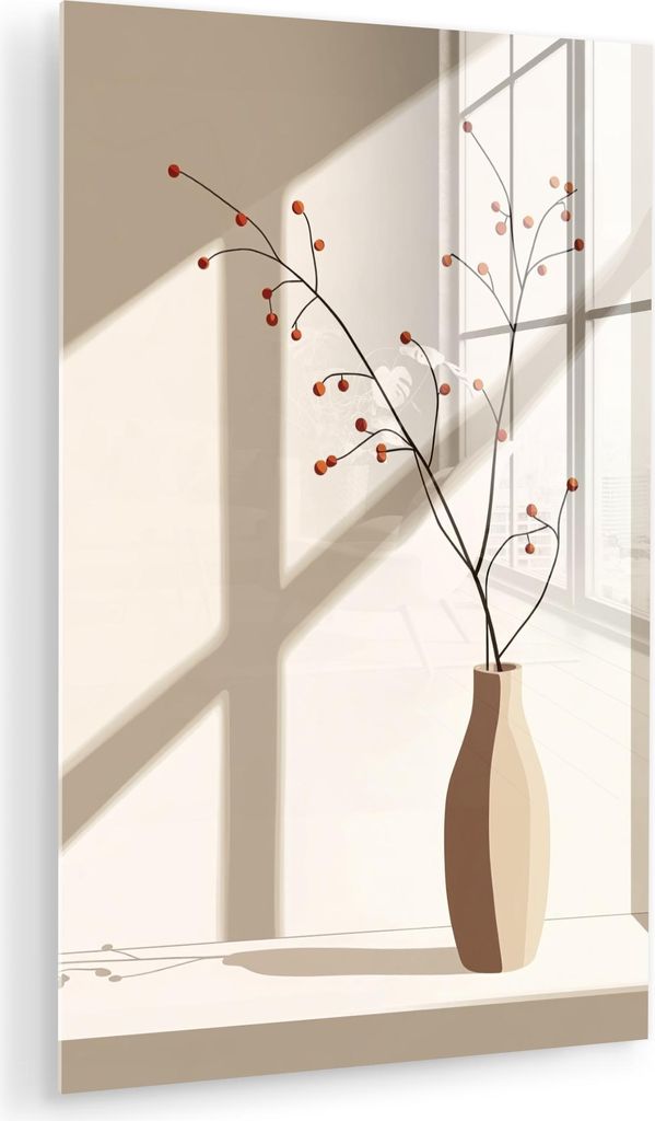 MuchoWow Glasbilder - Bilder auf Wandbild - Foto auf Glas Vase - Äste - Beeren - Minimalistisch 60x90 cm Wanddekoration aus Glas - Acrylglasbild -...