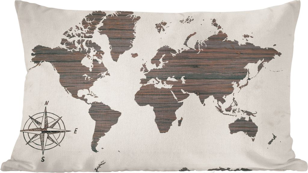 MuchoWow Zierkissen Sofakissen Wohnzimmer Dekokissen 50x30 cm Weltkarte - Holz - Kompassrose - Wohnzimmerdekoration - Polster mit Photo