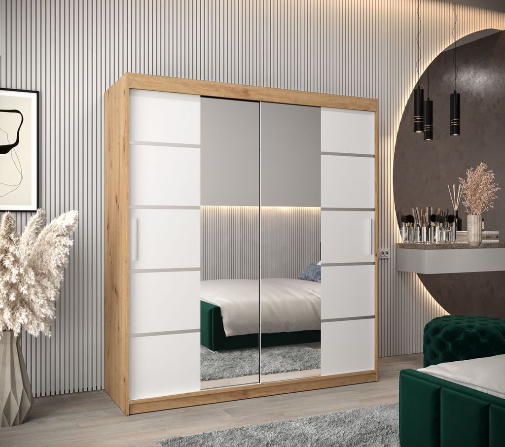 Schrank mit Spiegeln VIVIEN – Breite 180 cm, Eiche Artisan / Weiß