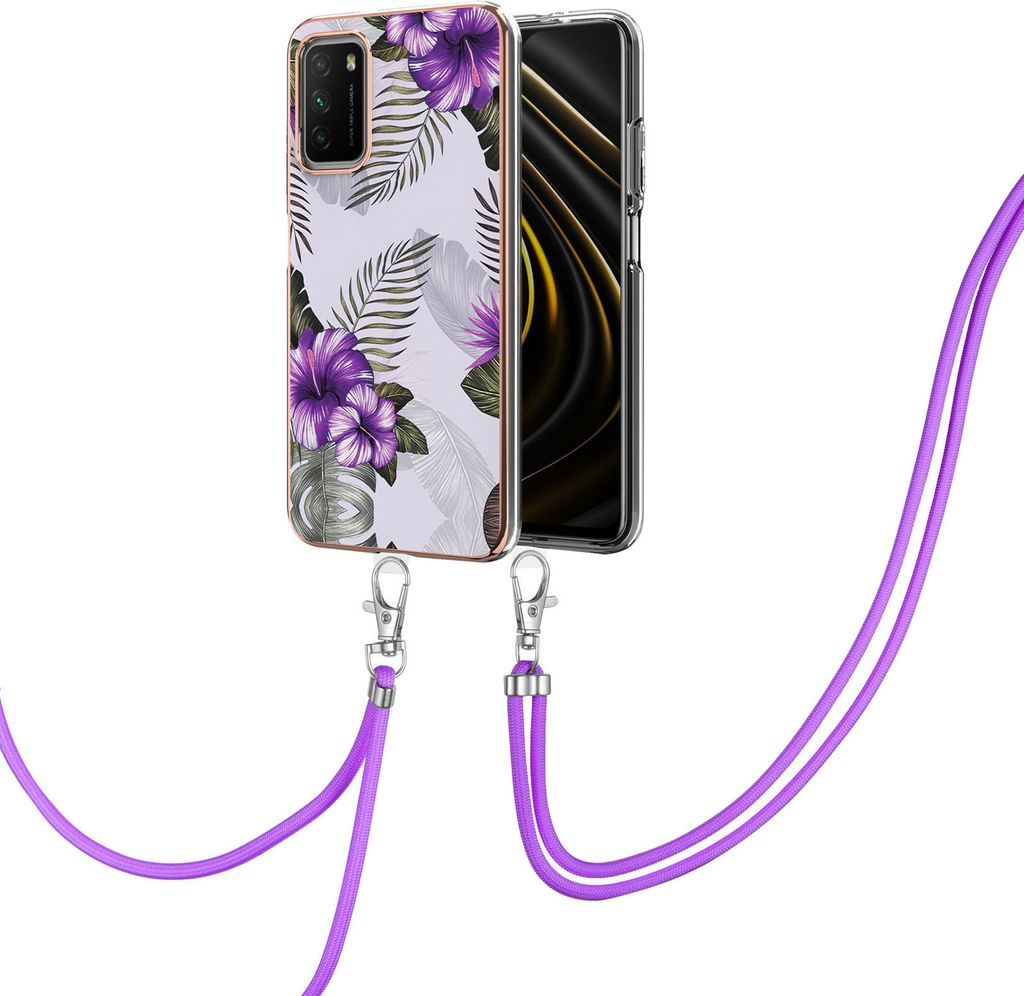 Handykette Hülle für Xiaomi Poco M3 Muster TPU Schutzhülle mit verstellbarem Tragegurt Lila