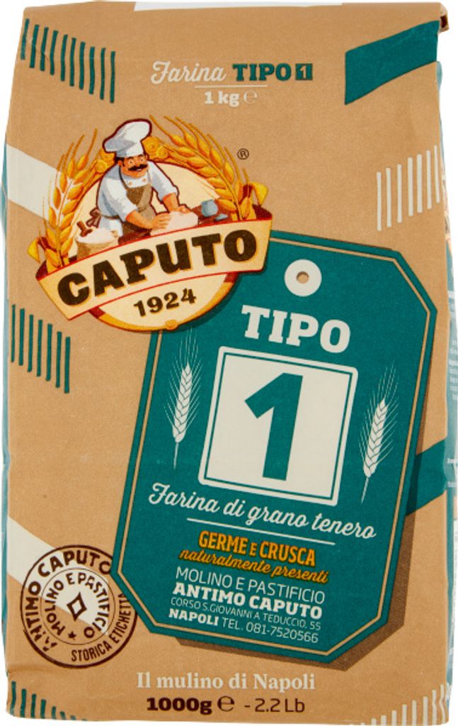 A bag of flour with branding and product information.