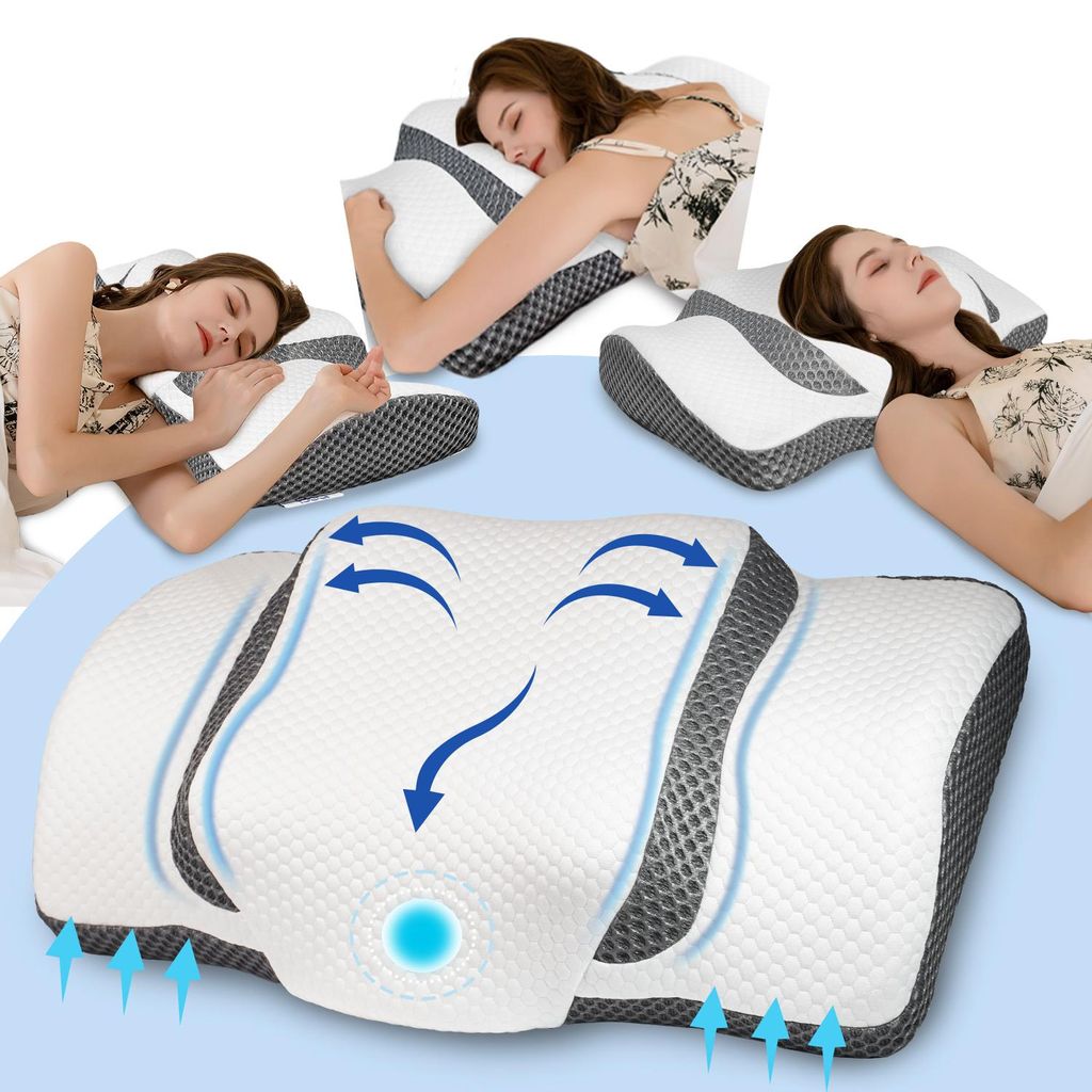 Collage of a woman sleeping on a memory foam pillow, with diagrams illustrating airflow.