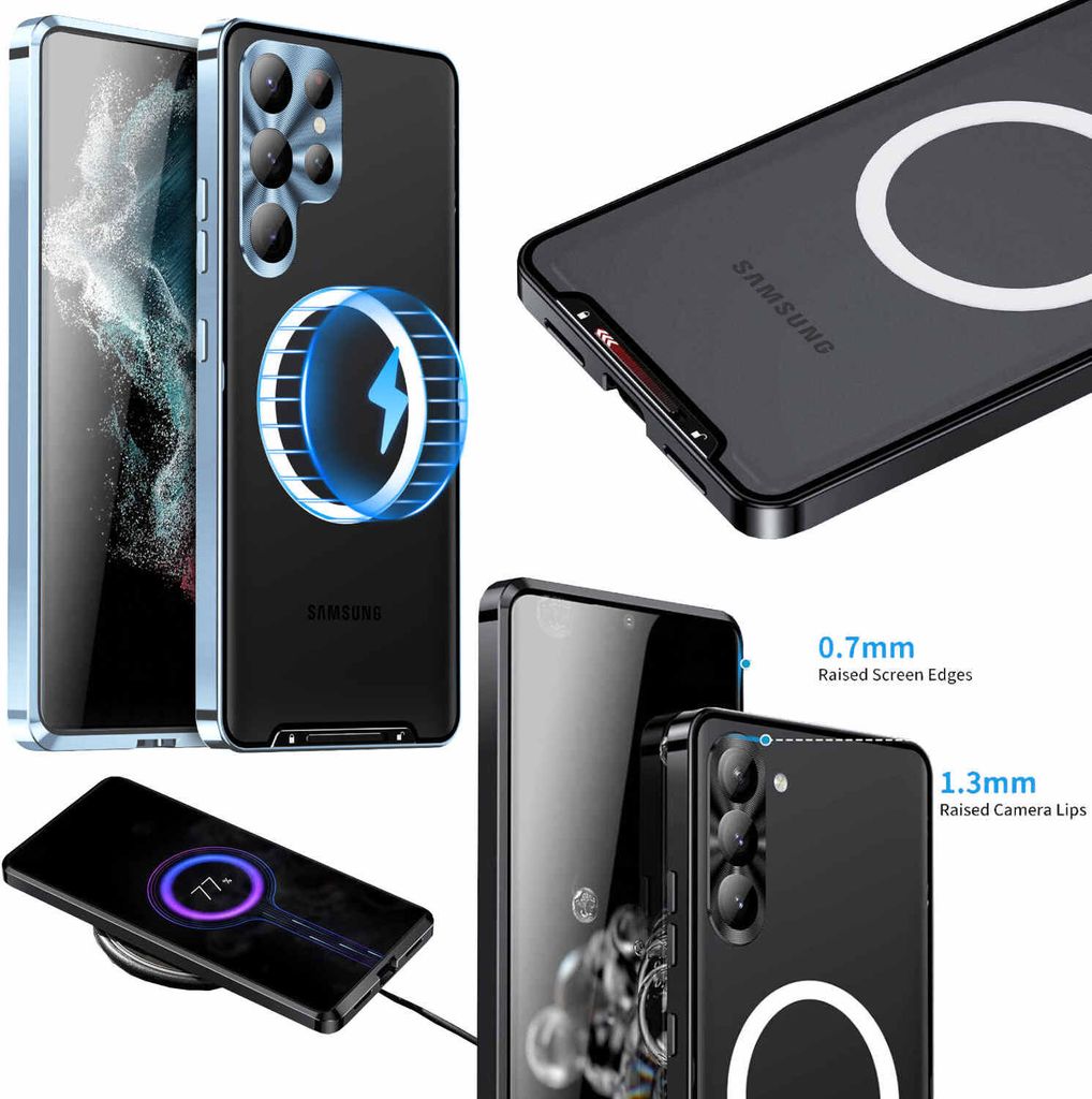 Für Samsung Galaxy S23 Ultra Handy Tasche Magnetische Magsafe Metall Design Blau Cover Case Hülle