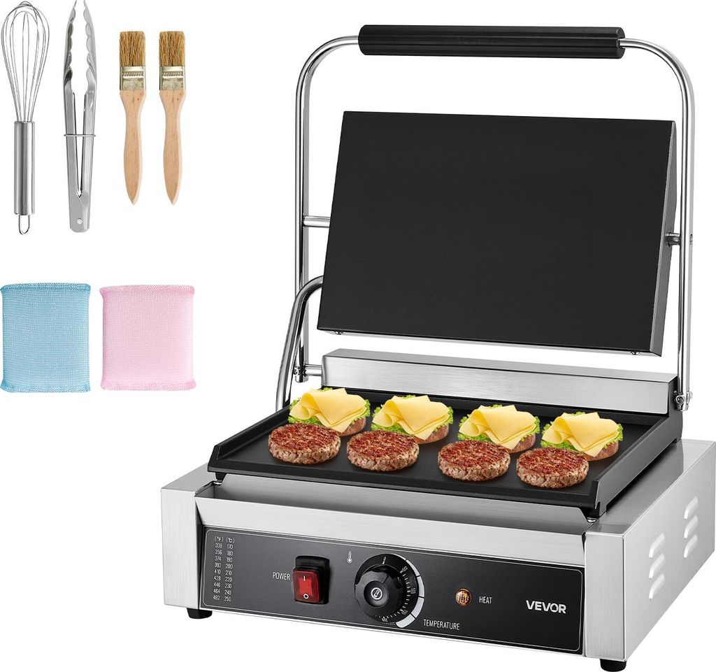 VEVOR kommerzieller Panini-Grill Kontaktgrill 2200 W für Sandwiches Steak Bacon Hamburger, Sandwichmaker Pressgrill aus Edelstahl mit Griff & Temp...
