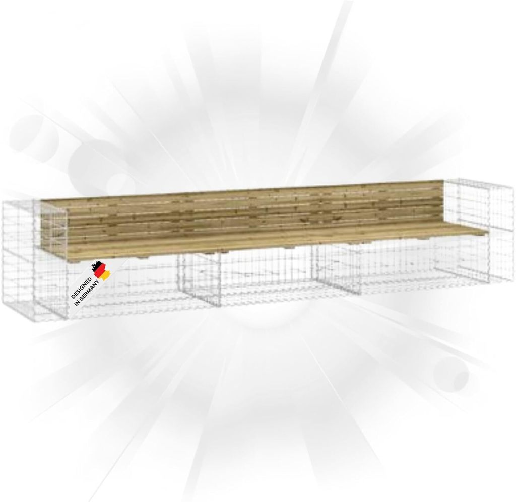 DELUKE Gartenbank Gabionen INO aus Stahl | 347x71x65,5cm Kiefernholz Braun | Gabionenbank Gartenbank mit Sitzfläche aus Gabionen Steinkorb Gabio...