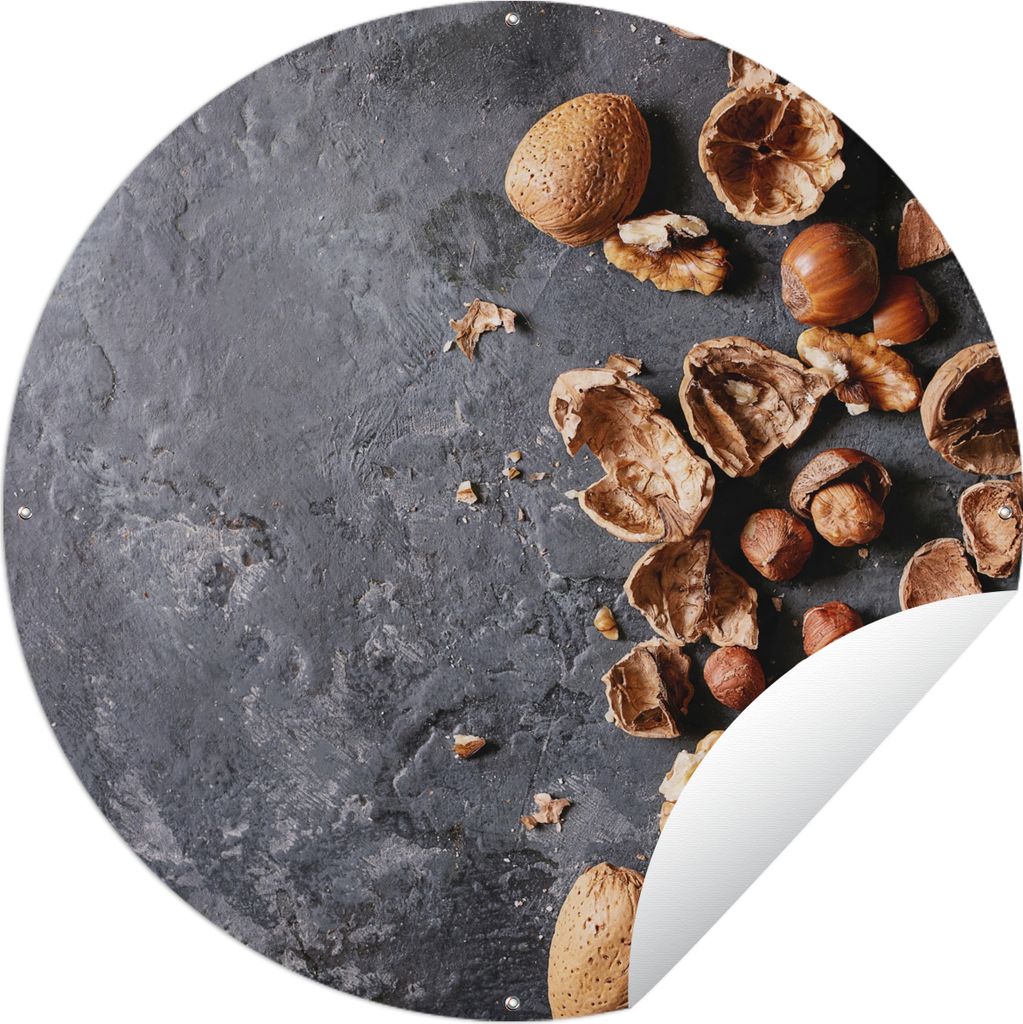 MuchoWow Gartenposter Outdoor-Poster Rund Nüsse - Herbst - Küche - Industrie Ø 150 cm Gartendeko Rundes Poster draußen