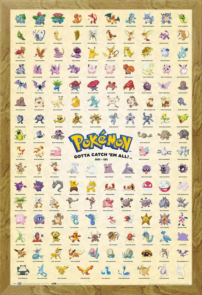 Poster Pokémon 151 Monstres avec Cadre Shinsuke MDF Chêne et Vitre Pro
