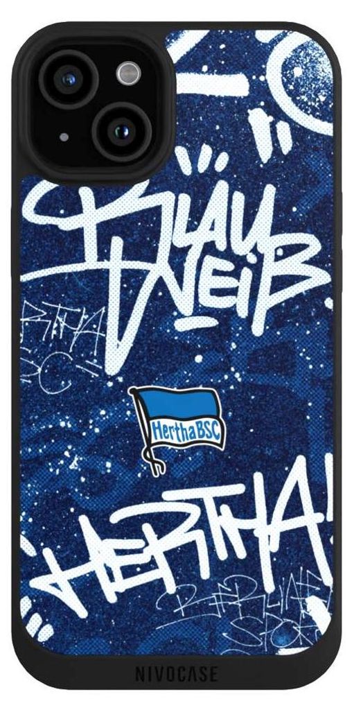 NIVOCASE Handyhülle für Apple iPhone 15 Plus Hülle NIVOpure Case Schwarz Graffiti Hertha BSC Offizielles Lizenzprodukt