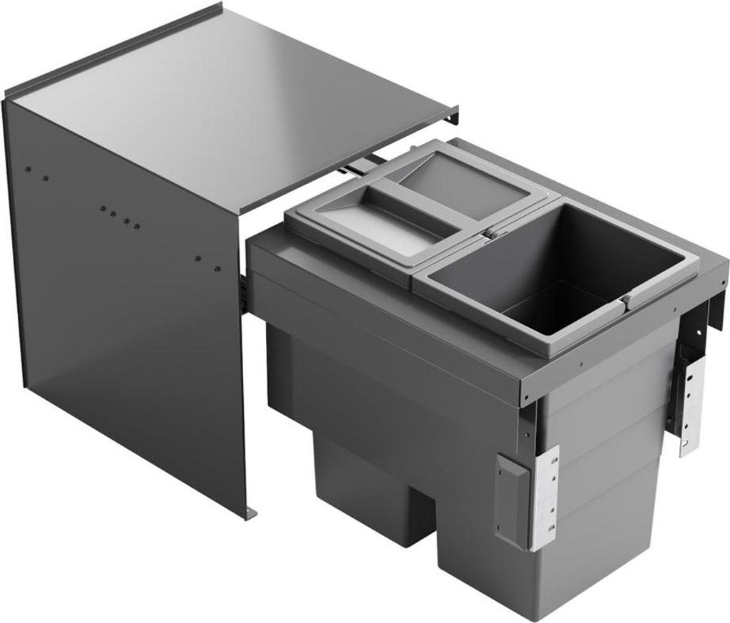 A 3D rendering of a kitchen waste bin system with two compartments and a hinged lid.