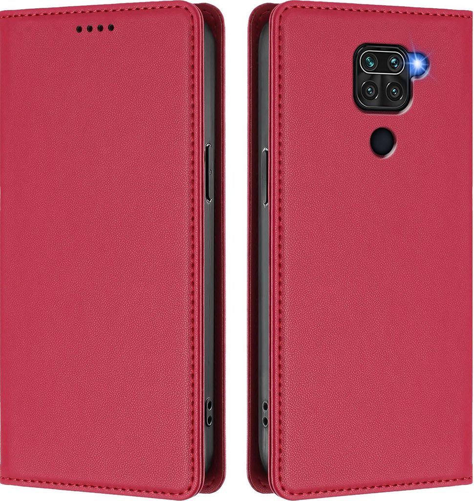 Handyhülle für Xiaomi Redmi Note 9 4G, Kunstleder Klapphülle Stoßfeste Magnetische Hülle mit Ständer Rot