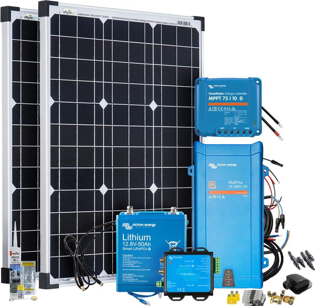 Offgridtec Mobil VeCore S 100W 640Wh Wohnmobil Solaranlage inkl. MultiPlus12/800/35 Wechselrichter und Laderegler - schwarz