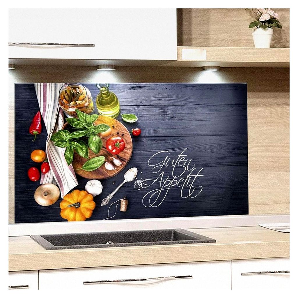Spritzschutz für die Küche, Gemüse auf Holz, dunkelgrau mit Guten Appetit, Küchenrückwand aus Echtglas, Wandschutz aus 4mm ESG Glas / 60x40cm