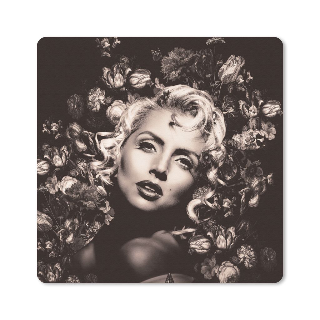 MuchoWow Mauspad Mousepad Blumen - Schwarz - Weiß - Frau 30x30 cm - Mousepads - Maus Mat - Pad - Mausunterlage - Gaming