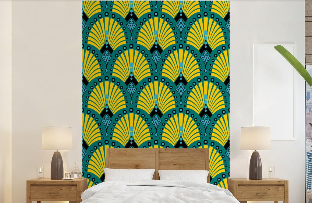 MuchoWow Fototapete für Wohnzimmer oder Schlafzimmer Wandtapete Vinyl Motivtapete Art Deco - Muster - Blau - Gelb - 190x300 cm - Kinderzimmer