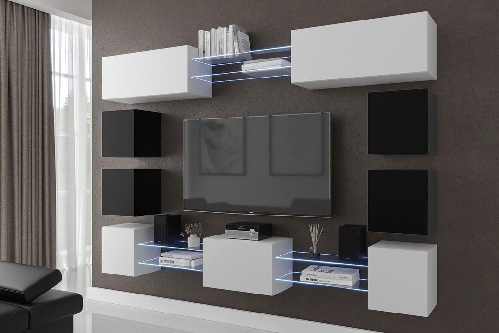 Furnitech Wohnwand Wohnzimmer | Wohnzimmer Möbel mit LED RGB - 16 Farben | Hängend Wohnwand Modern | Wohnzimmer Schrankwand mit Regale und TV Sch...