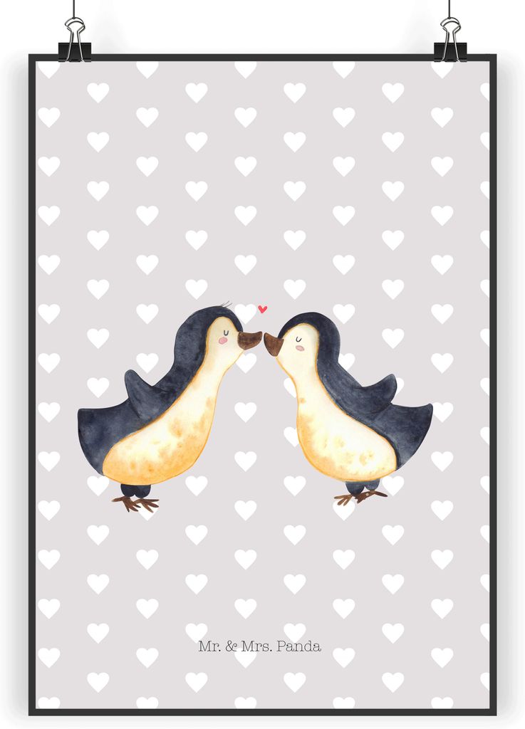 Mr. & Mrs. Panda Bild Pinguin Liebe DIN A4 - Grau Pastell - Geschenk, drucke, glücklich, Verliebt, Freund, Geschenkidee, Wandbild, wanddeko, Hochz...