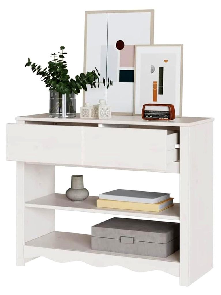 Konsolentisch mit Schubladen in Weiß 89,5 x 37 x 73 cm, Konsolentisch für das Wohnzimmer, modernes Kiefernholz, praktisches Möbelstück, elegant...