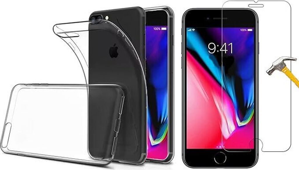 2in1 Schutzglas Schutzhülle kompatibel mit iPhone 7 iphone 8 Case Panzerglas Schutz-Set Schutzhülle TPU Hülle transparent Flexibel Cover Handyh...