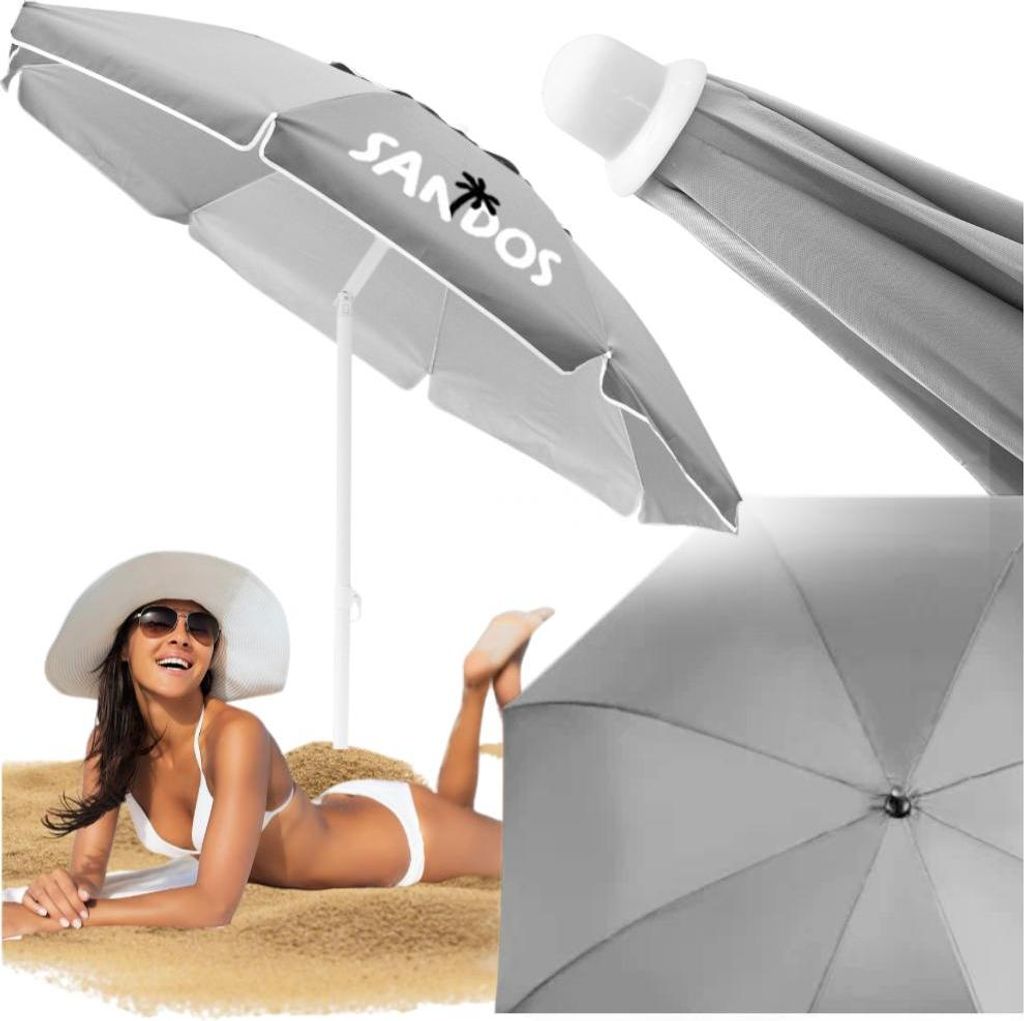 A woman is lying on the sand under a beach umbrella. The image is a collage of different views of the umbrella and the woman.