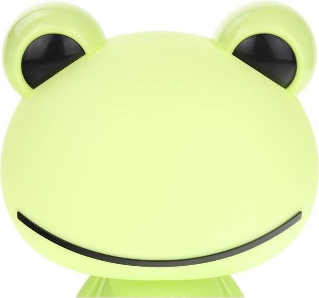 A close-up front view of a light green frog-shaped desk lamp.