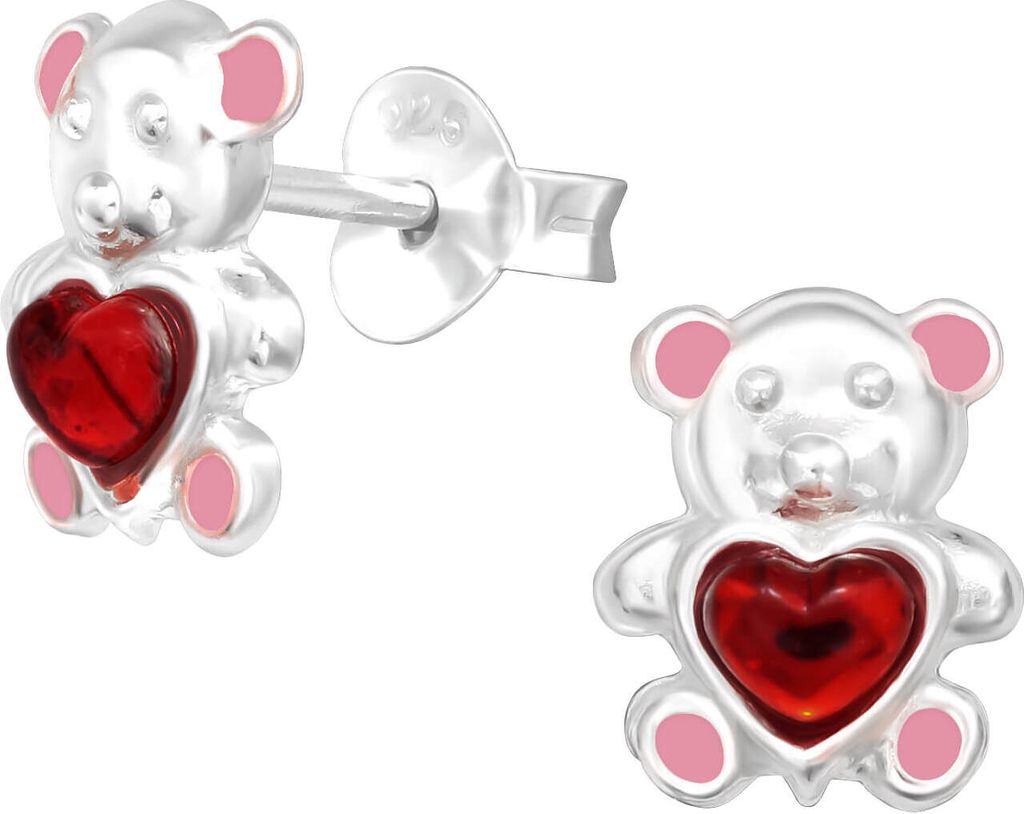 Kinder Ohrringe Ohrstecker 925 Sterling Silber Teddybär mit Herz