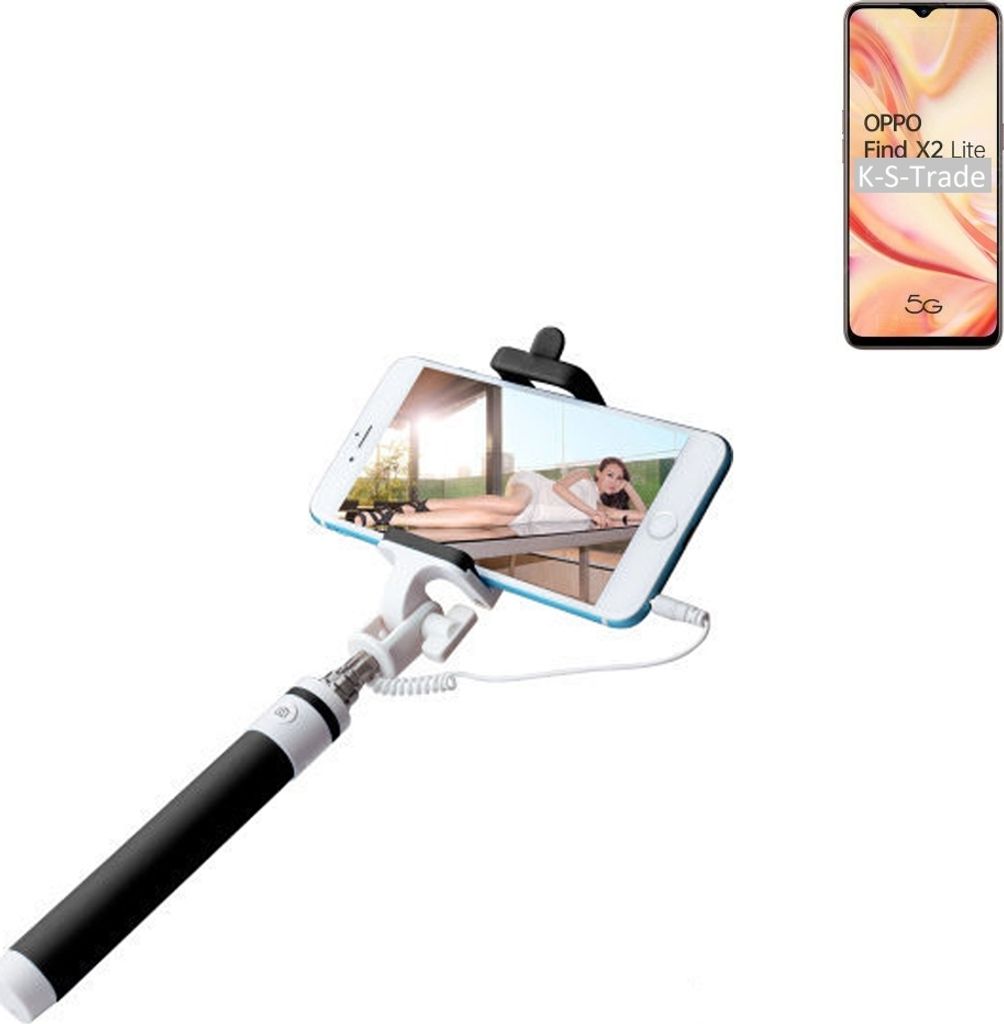 K-S-Trade Selfie Stick kompatibel mit Oppo Find X2 Lite Selfiestick kabelgebunden Monopod mit Kabel Stab Stange Selfportrait Handheldstick schwarz 1x