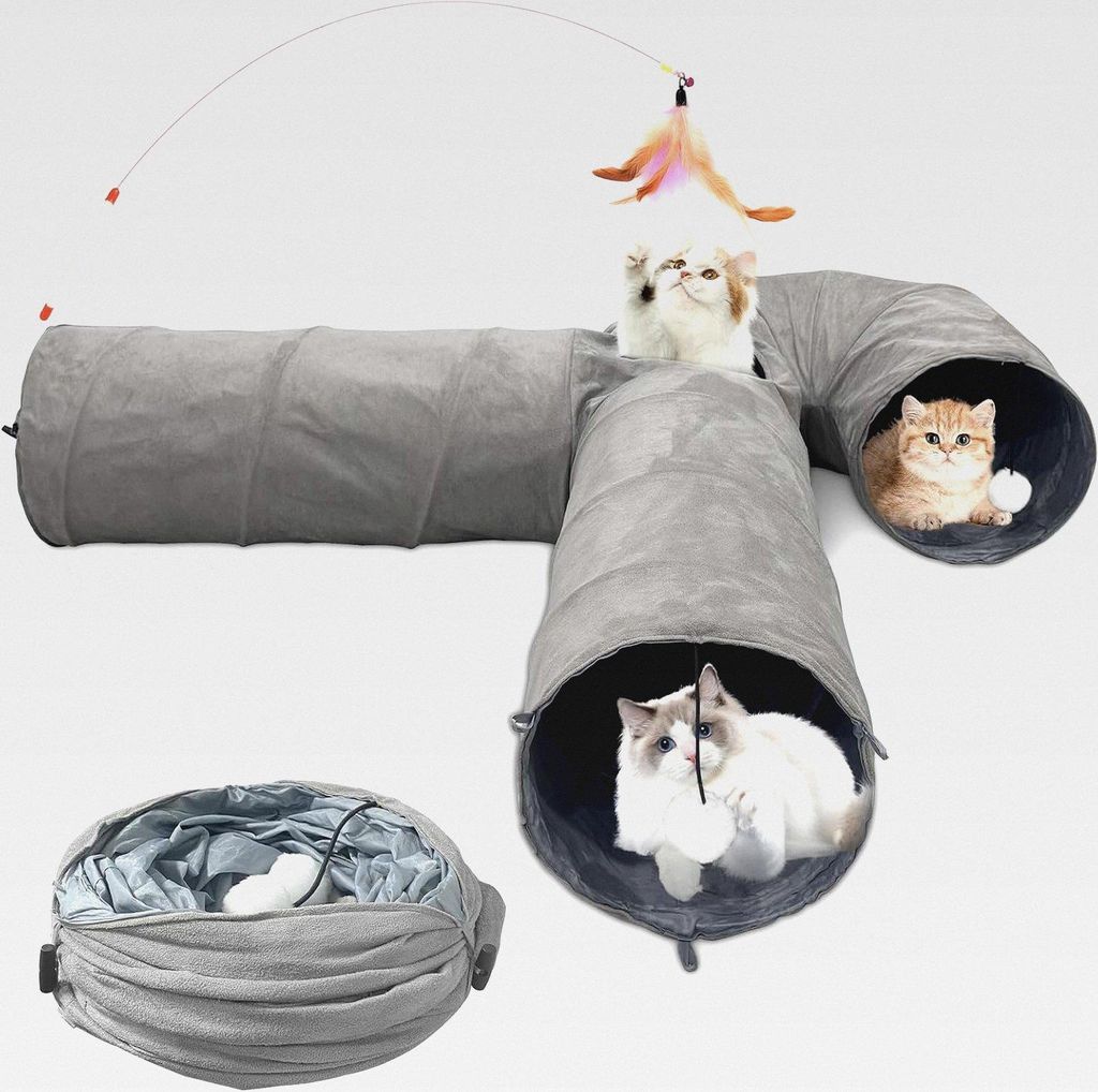 Katzentunnel Katzenspielzeug Faltbar Cat Tunnel,Spieltunnel mit Spielball Haustier,Faltbarer Erweiterbarer Rascheltunnel für Katzen Welphln Kaninc...