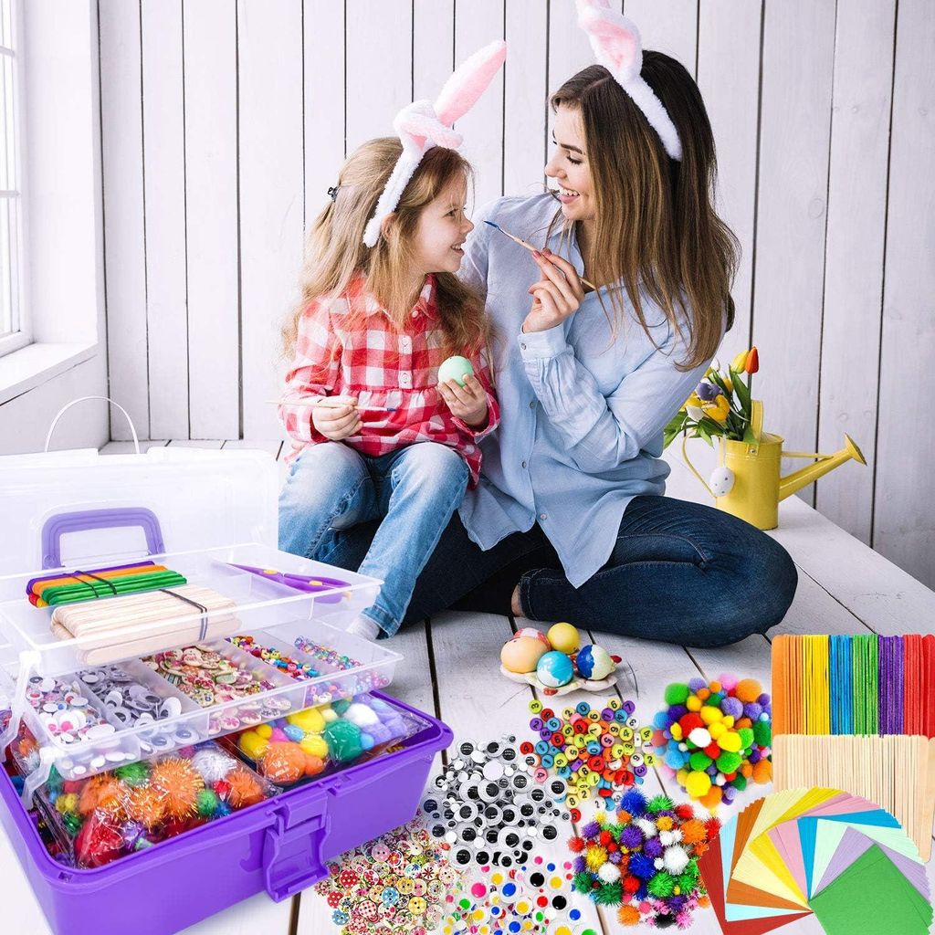 Kreativbedarf für Kinder, 3500 Stück, Bastelset in faltbarem Aufbewahrungskasten, Pfeifenreiniger, Bastelpapier, Federn, Pompons, Basteln, Gesche...