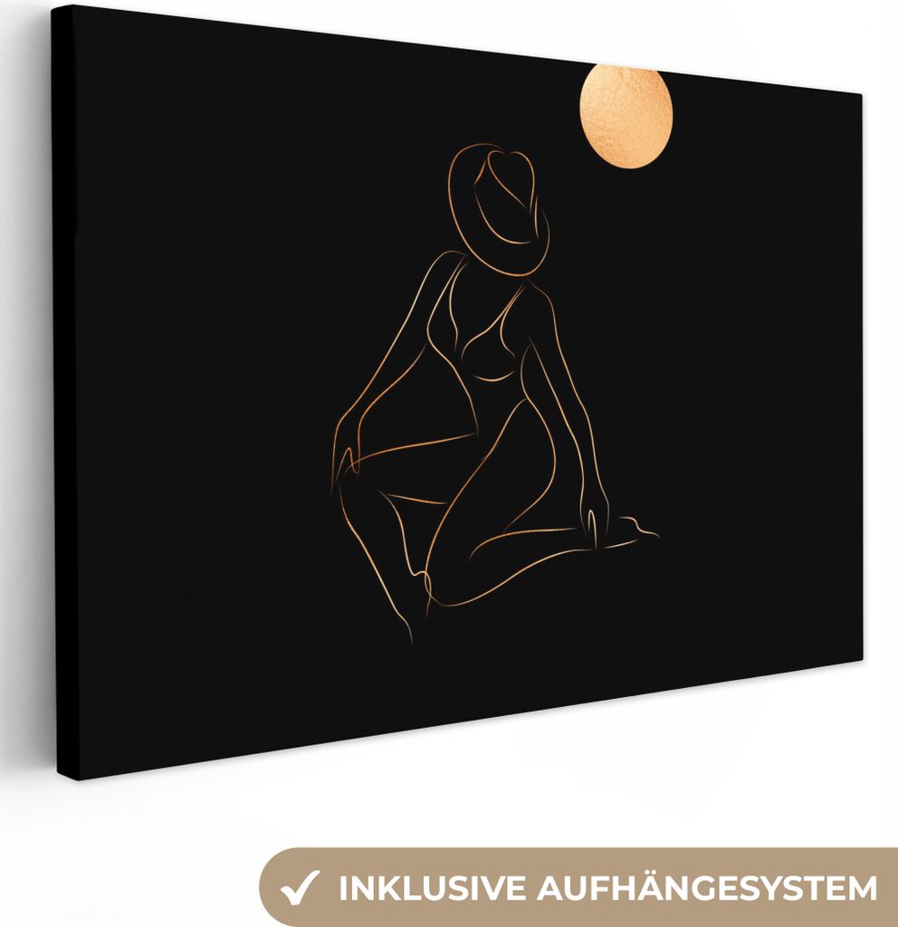 OneMillionCanvasses - Leinwandbilder - 150x100 cm, Frau - Hut - Mond - Strichzeichnung, Wandbilder Kunstdruck Wanddekoration