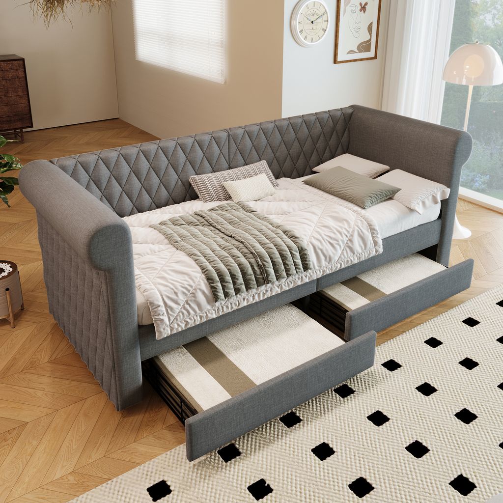 MODFU Daybett,Schlafsofa 90x200 cm, kinderbett mit 2 Stauraum Schubladen, Jugendbett Bettgestell mit Lattenrost aus Holz, Mit Matratze,Grau