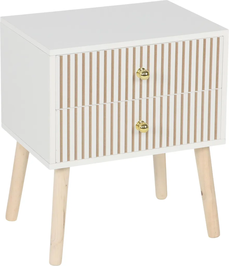 Table de chevet 2 tiroirs rainurés en bois blanc pour déco scandinave